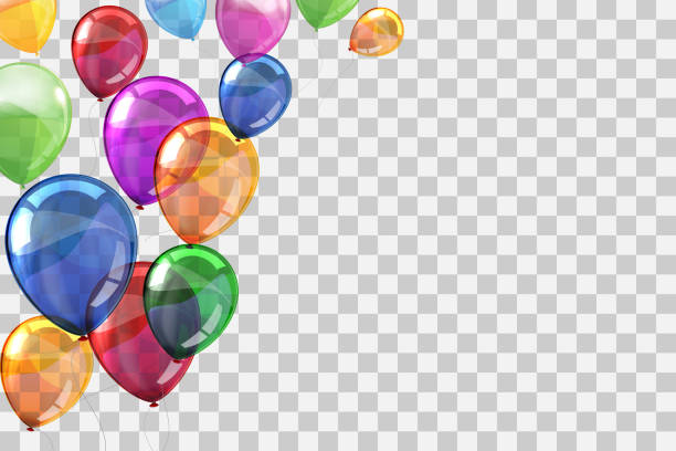 gruppenfarbene heliumfliegenballons auf transparentem hintergrund - aktienvektor - geburtstag stock-grafiken, -clipart, -cartoons und -symbole