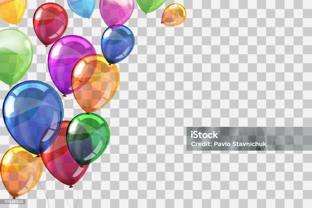 Группа цветных гелиевых летать шары на прозрачном фоне - фондовый вектор - Векторная графика Воздушный шарик роялти-фри
