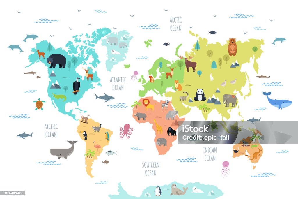 Carte du monde avec des animaux sauvages - clipart vectoriel de Planisphère libre de droits