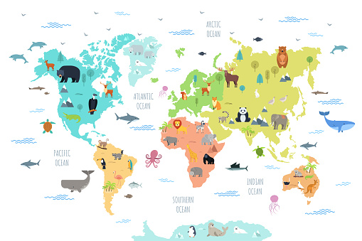 World map with wild animals living on various continents and in oceans. Cute cartoon mammals, reptiles, birds, fish inhabiting planet. Flat colorful vector illustration for educational poster, banner.