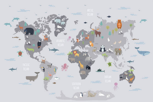 World map with wild animals World map with wild animals living on various continents and in oceans. Cute cartoon mammals, reptiles, birds, fish inhabiting planet. Flat colorful vector illustration for educational poster, banner. cartoon world map stock illustrations