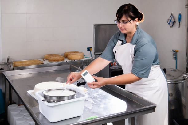 istock Cheesemaker measures the temperature of the milk with an electronic thermometer 1176385662