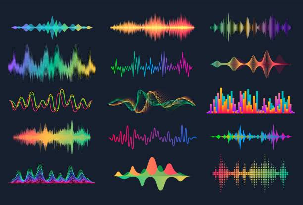 illustrations, cliparts, dessins animés et icônes de 180619-ondes sonores. forme d'onde audio de fréquence, éléments d'interface hud d'onde de musique, signal de graphique de voix. ensemble d'ondes audio vectorielles [converti] - musical equipment