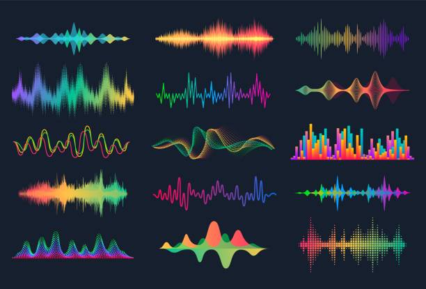 180619_Sound waves. Frequency audio waveform, music wave HUD interface elements, voice graph signal. Vector audio wave set [Converted] Sound waves. Frequency audio waveform, music wave HUD interface elements, voice graph signal. Vector audio electronic color wave set frequency stock illustrations