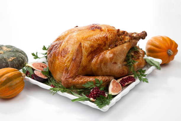 istock Traditional Roasted Turkey on White With Pumpkin 1176387154