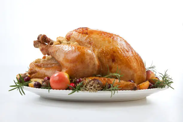 Garnished roasted turkey with grab apples, sweet chestnut, and cranberry over white background