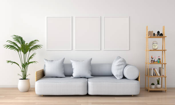 Three empty photo frame for mockup in living room, 3D rendering Three empty photo frame for mockup in white living room, 3D rendering three objects photos stock pictures, royalty-free photos & images