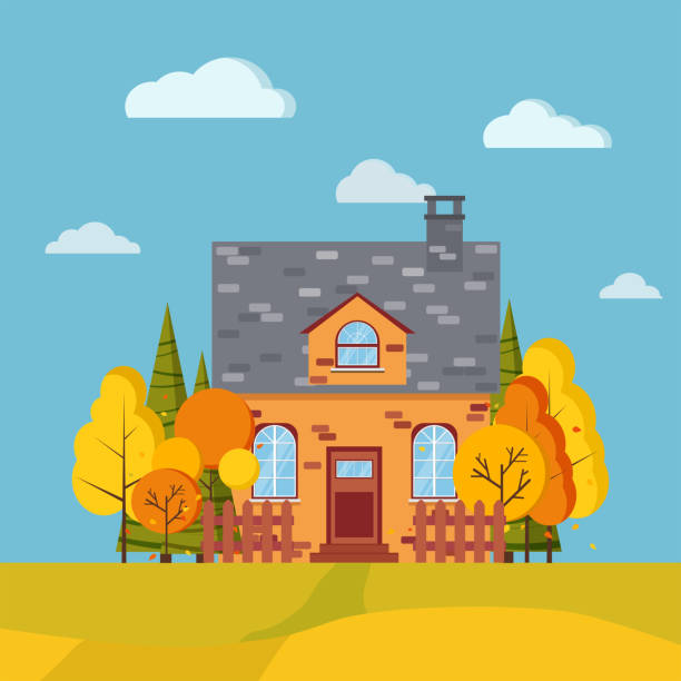 ilustraciones, imágenes clip art, dibujos animados e iconos de stock de fondo paisajístico de otoño con árboles, abetos, campos, vallas, casa de dibujos animados de ladrillo rural con chimenea en estilo plano. - house farm brick chimney