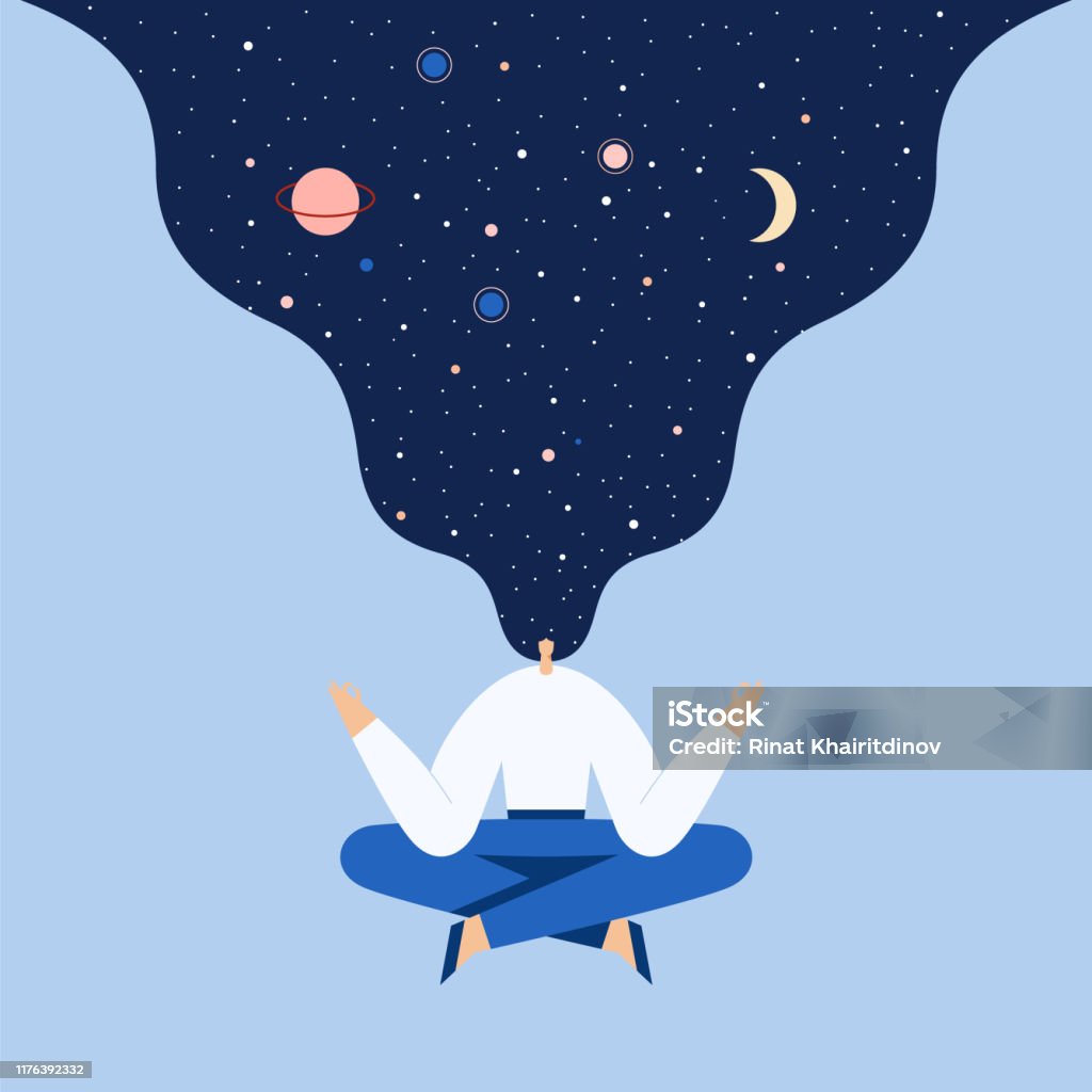 Woman sitting in yoga lotus pose. Night starry sky and moon in hair, space exploring, universal harmony. Vector flat illustration. Woman sitting in yoga lotus pose. Modern cartoon female character doing asana and meditate. Night starry sky and moon in hair, space exploring, universal harmony. Vector flat illustration. Zen-like stock vector