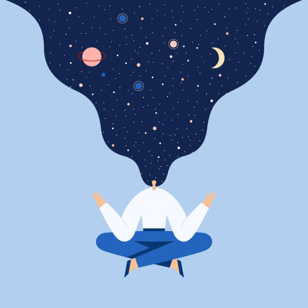 Woman sitting in yoga lotus pose. Night starry sky and moon in hair, space exploring, universal harmony. Vector flat illustration. Woman sitting in yoga lotus pose. Modern cartoon female character doing asana and meditate. Night starry sky and moon in hair, space exploring, universal harmony. Vector flat illustration. inspiration silhouettes stock illustrations