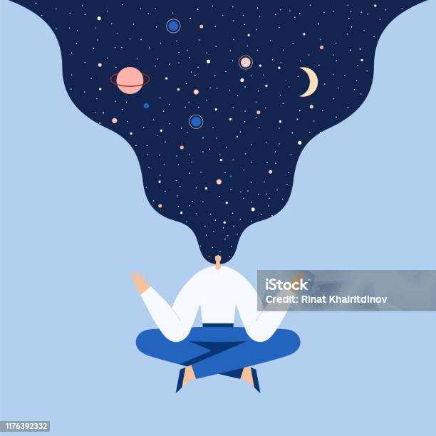 Woman Sitting In Yoga Lotus Pose Night Starry Sky And Moon In Hair Space Exploring Universal Harmony Vector Flat Illustration Stock Illustration - Download Image Now