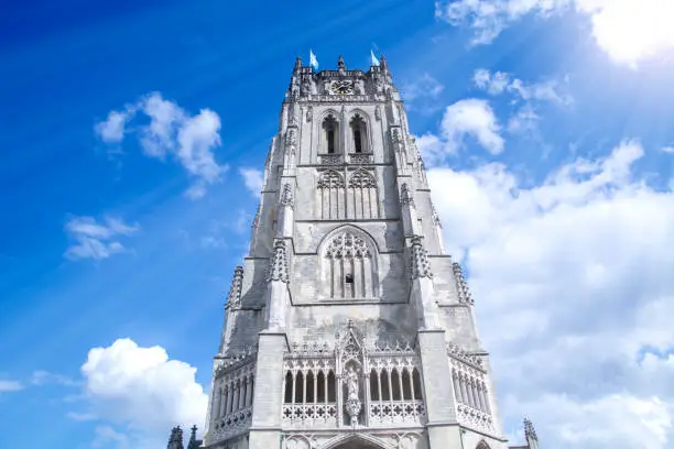 Tongeren, Limburg, Belgium, tower of gothic church Basilica of Our Lady built in 13th-14th century