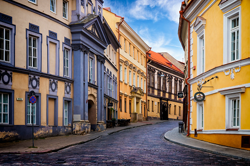Old colorful townhouses in the center of Vilnius old town, Lithuania