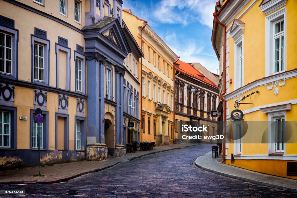 Old colorful townhouses in the center of Vilnius old town, Lithuania Vilnius Stock Photo