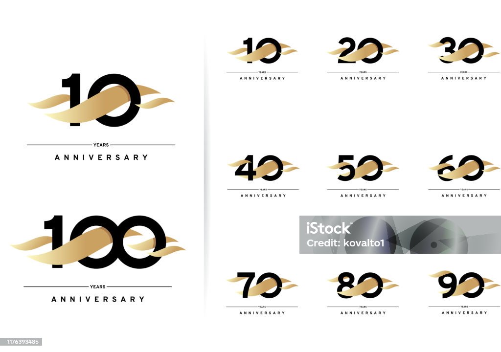 Jubiläumsset. 10, 20, 30, 40, 50, 60, 70, 80, 90, 100 Jahre. Modernes schlichtes Design mit Goldelementen - Lizenzfrei Jahrestag Vektorgrafik