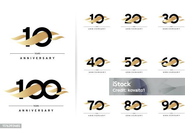 Jubiläumsset 10 20 30 40 50 60 70 80 90 100 Jahre Modernes Schlichtes Design Mit Goldelementen Stock Vektor Art und mehr Bilder von Jahrestag