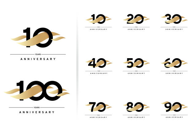 Anniversary set. 10, 20, 30, 40, 50, 60, 70, 80, 90, 100 years. Modern simple design with gold elements Vector illustration isolated on white background anniversary stock illustrations