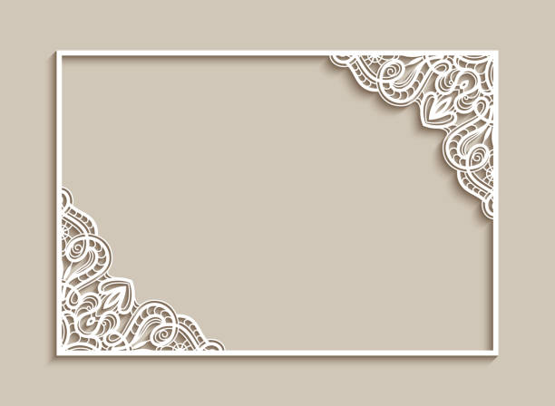 Rectangle frame with lace corner pattern Rectangle frame with lace corner pattern, cutout paper ornament, template for laser cutting or wood carving, elegant decoration for wedding invitation or name place card design crochet photos stock illustrations