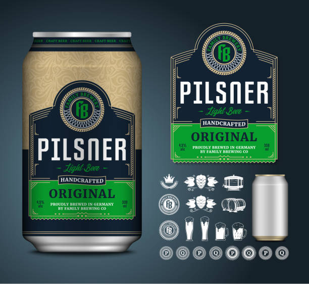 Vector beer label. Aluminum can mockup. Beer icons, badges, insignia vector art illustration