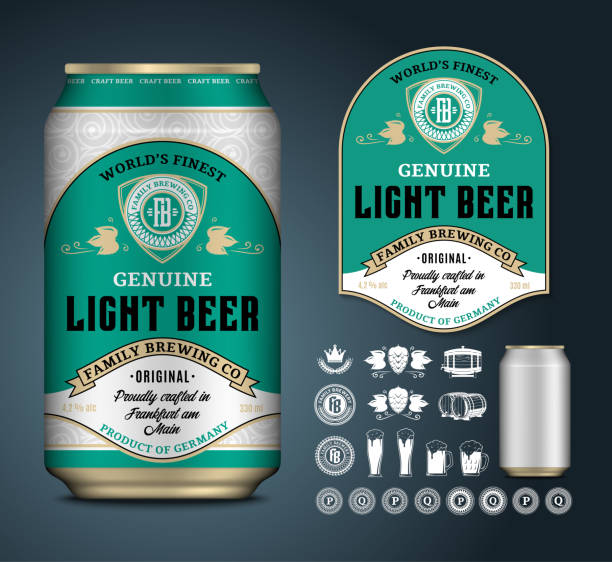 Vector beer label. Aluminum can mockup. Beer icons, badges, insignia Vector light beer label. Realistic aluminum can mockup. Brewing company branding and identity icons, badges, insignia and design elements beer brands stock illustrations