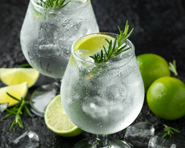 istock Gin and Tonic Alcohol drink with Lime, Rosemary and ice on rustic black table 1176395181