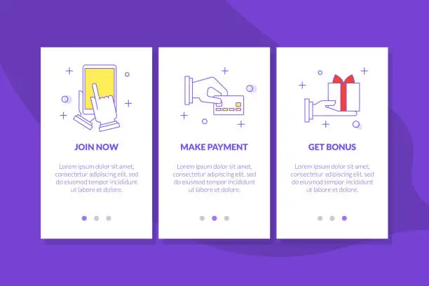 Vector illustration of Join Now, Make Payment, Get Bonus Mobile App Page Onboard Screen Set, Website or Web Page Vector Illustration