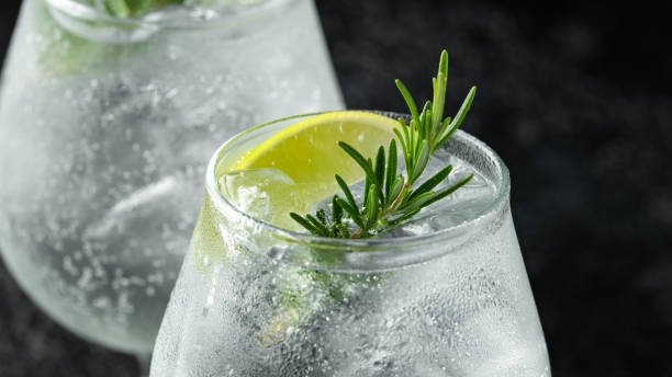 istock Gin and Tonic Alcohol drink with Lime, Rosemary and ice on rustic black table 1176395261