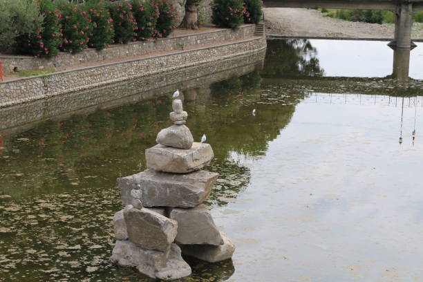 istock Little rocks with a bird on the top in the river 1176396636
