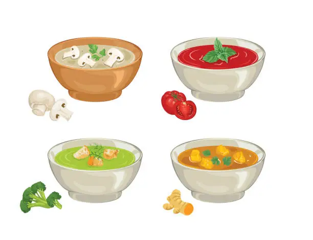 Vector illustration of Set of soups for bowls. Gazpacho, curry, broccoli, mushroom cream soup isolated on a white background. Vector illustration of plates of food in cartoon simple flat style.