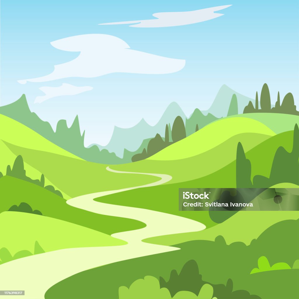 Cartoon Landscape With Green Fields Trees Beautiful Rural Nature Stock  Illustration - Download Image Now - iStock