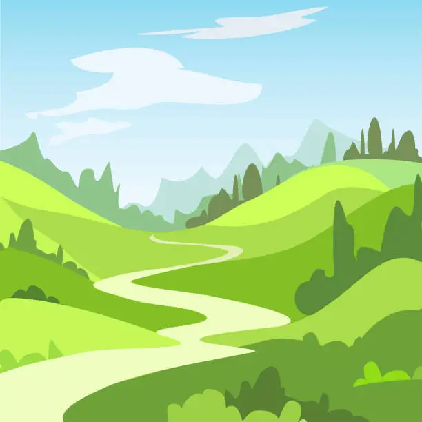 Vector illustration of Cartoon landscape with green fields, trees. Beautiful rural nature.