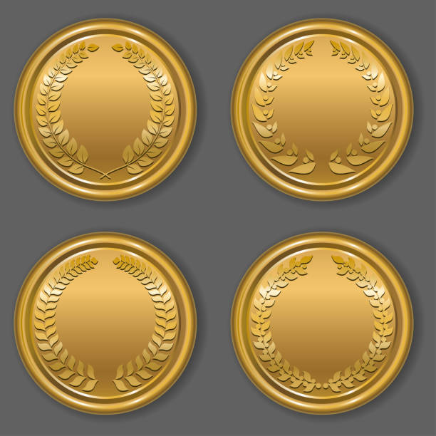 istock Set of golden blank medals with laurel wreaths.  Badges. 1176398371