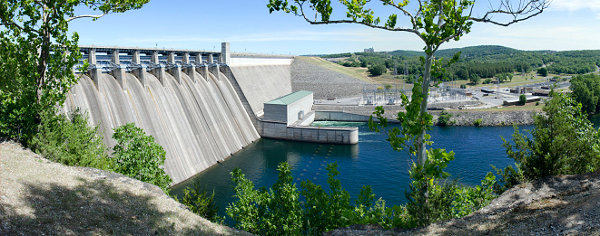 Discharge of water at hydroelectric power plants. Electricity generation. Renewable energy.