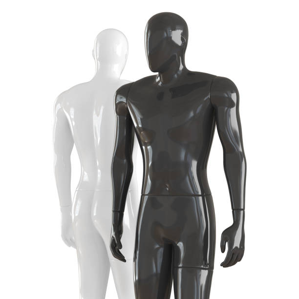 istock Black and white mannequin stand in a free straight pose, looking away from each other. 3D rendering on isolated background 1176399513