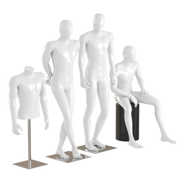 istock Four different white mannequins in a standing and sitting pose and one torso mannequin on an iron rack. 3D rendering on isolated background 1176399515