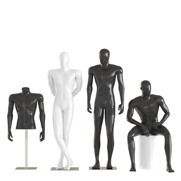 istock Four different mannequins in a standing and sitting pose and one mannequin torso on an iron rack. 3D rendering on isolated background 1176399532