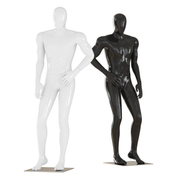 istock Black and white mannequin stand in pose as a fashion model. 3D rendering on isolated background 1176399552