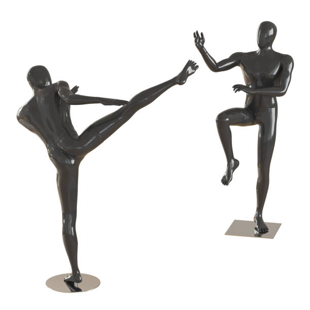 istock A black mannequin kicks a high kick and the other defends. 3D rendering on isolated background 1176400084