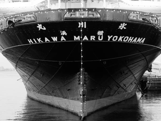 Yokohama, Kanagawa /Japan - JUL 24 2019: Front view of Hikawa Maru in Black and White. She is a vintage ocean liner and berthed as a museum ship at Yamashita Park in Yokohama City, Japan.