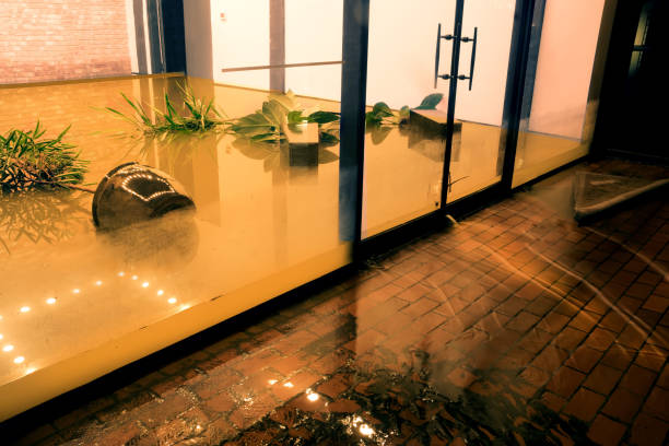 Water flowing through doors from a flooded office. Effects Tropical Storm Imelda. Houston, Texas, US Water flowing through doors from a flooded office. Effects Tropical depression Imelda. Houston, Texas, US inlet photos stock pictures, royalty-free photos & images