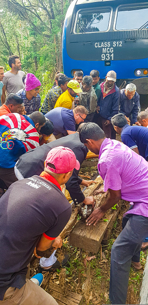 Typical accident in Sri Lanka during a journey in train, a tree trunk felt on the railroad track. Tourists and locals are helping and watching in July 2018