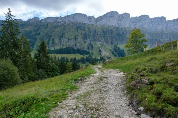 Mountain hiking trail from Innereriz via Sichle to Merligen (Switzerland, Bern, Bernese Oberland)