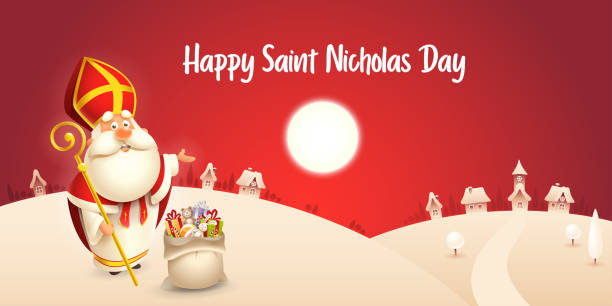 stockillustraties, clipart, cartoons en iconen met happy saint nicholas day-winter scène wenskaart of banner-rode nacht achtergrond - sinterklaas cadeaus