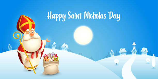 stockillustraties, clipart, cartoons en iconen met happy saint nicholas day-winter scène wenskaart of banner-blauwe achtergrond - sinterklaas cadeau