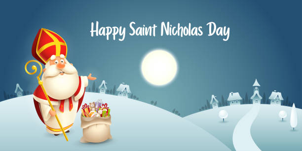 stockillustraties, clipart, cartoons en iconen met happy saint nicholas day-winter scène wenskaart of banner-donkere nacht achtergrond - sinterklaas