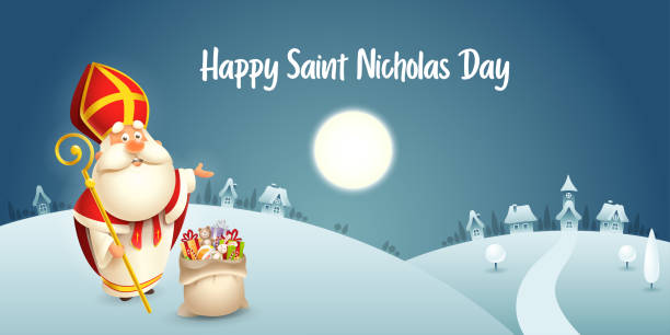 ilustrações de stock, clip art, desenhos animados e ícones de happy saint nicholas day - winter scene greeting card or banner - dark night background - santas sack