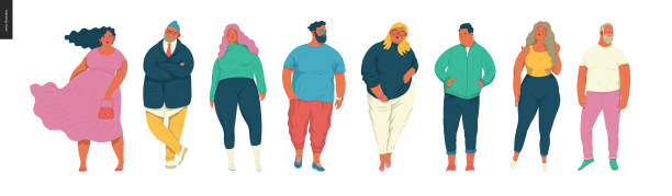 Body positive portraits set Body positive portraits set - hand drawn flat style vector design concept illustration of men and women, male and female figuers. Flat style vector icons set large build stock illustrations