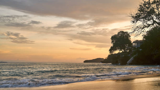 Golden sunset on the beach Playa Cacique of Contadora island in the Pacific Ocean, archipelago Las Perlas, Panama isla contadora stock pictures, royalty-free photos & images