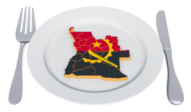 Angolan cuisine concept. Plate with map of Angola. 3D rendering