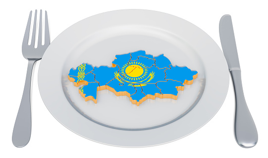 Kazakh cuisine concept. Plate with map of Kazakhstan. 3D rendering